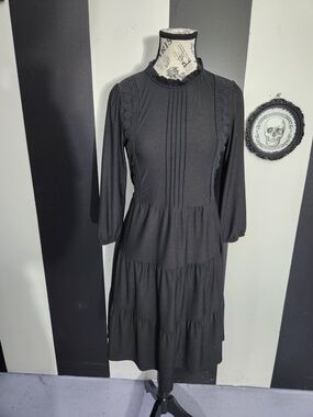 Salem Gothic Black Tiered Long Sleeve Midi Dress with Pintuck Detail